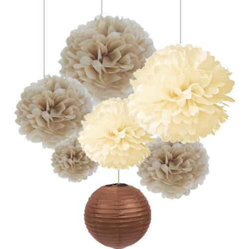 SUNBEAUTY Pack of 7 Cream Tan Color Tissue Paper Pom Poms Brown Paper Lanterns Party Wedding Birthday Decorations