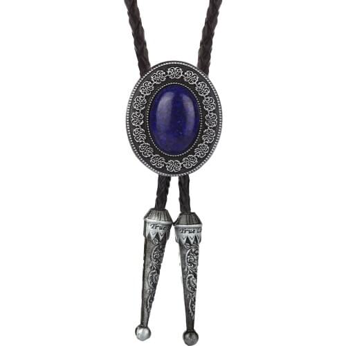 Western cowboy bolo tie natural agate stone retro pattern handmade zinc alloy leather collar rope