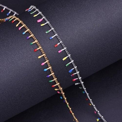 1M Enamel Multi Color Round Tiny Glass Rosary Wire Wrapped Bead Link Chain Women Choker Necklaces Jewelry Wholesale