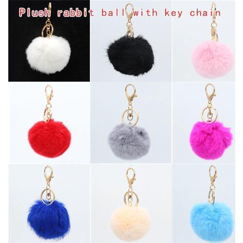 1pcs Christmas KeyRing Handbag Key Ring 8CM Rabbit Fur Ball PomPom Women Cell Phone Car Pendant charm gold plated Keychain Gifts