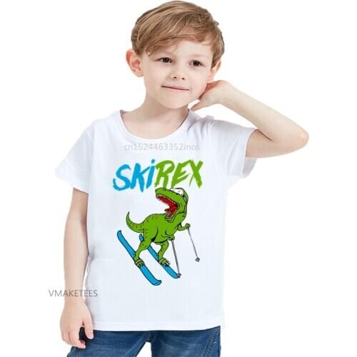 2018 Summer Girls & Boys Short Sleeve T shirt Ski Rex Dinosaur T-Rex Print T-shirt Baby Kids Funny Cartoon Clothing,HKP5656