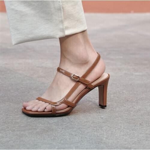 Band Sandals Female High Heel Cow Leather Square Heel Open Toe Shoes Elegant Brown Womens Sandals