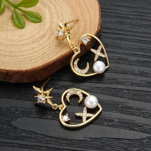 Coeufuedy Trendy Pearl Earrings Freshwater Pearl Heart Drop Dangle Earrings For Women Gift Zircon Earrings Jewelry New