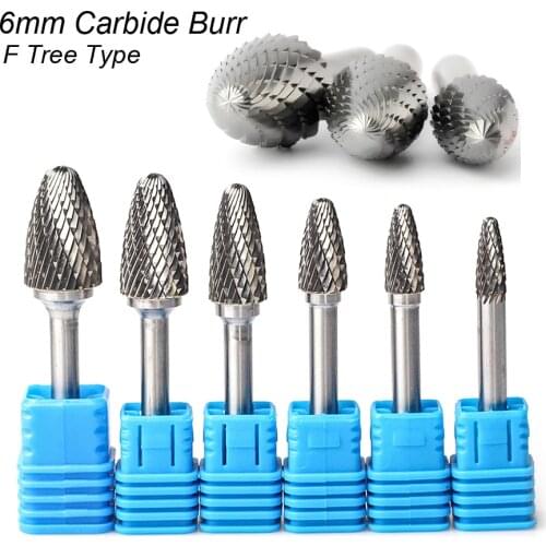 Tree Type F 6mm 1/4" Shank Style Mould Carving Grinding Tools Cut Tungsten Carbide Rotary File Bits Burr Milling Cutter Metal