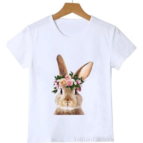 Cute Floral Rabbit/Bunny Design Childrens T-Shirts Kids Lovely Animal Print T Shirt Summer Girls White Short Sleeve Top 3-13 Y