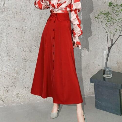 Elegant Front Button Long Red Skirt Women Solid Patchwork High Waist Skirts Womens 2021 A Line Harajuku Korean Maxi Skirt Boho