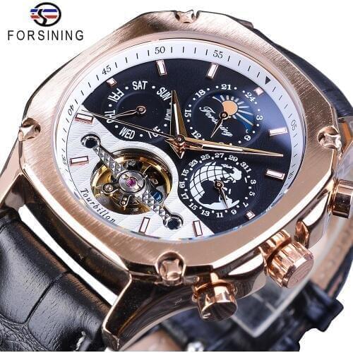 Forsining Luxury Golden Mechanical Mens Watches Square Automatic Moonphase Tourbillon Date Genuine Leather Band Watch Clock Gift