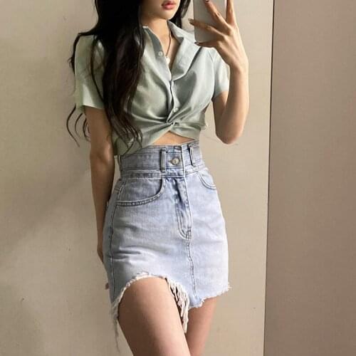 Korean Solid Turn-down Collar Shirt Shirring Sexy Short Sleeve Bodycon High Waist T-shirts Fashion 2021 Summer Women Top