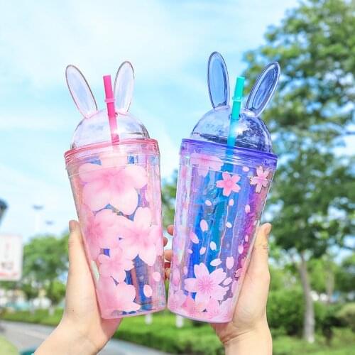 Creative Water Bottle With Straw Colorful Rabbit Ears Cartoon Ice Cup Cute Double Straw Plastic Cup Water Cup Student Couple Cup
