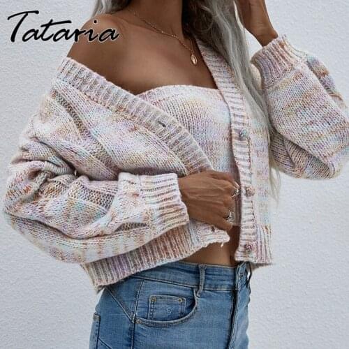 New Soft Casual Cardigan Women Sweater Autumn Two Piece Set Lady Buttons Up Coat with Tube Top Girls Womens Knited Top 2021