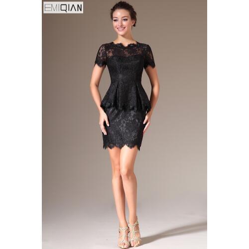 New Scalloped Neck Short Sleeves Black Lace Mini Cocktail Dresses