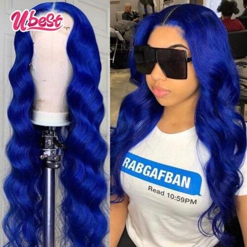 Ubest Blue Body Wave Lace Front Wig Brazilian Transparent Lace Frontal Wig Dark Green Pre Plucked Colored Human Hair Wigs