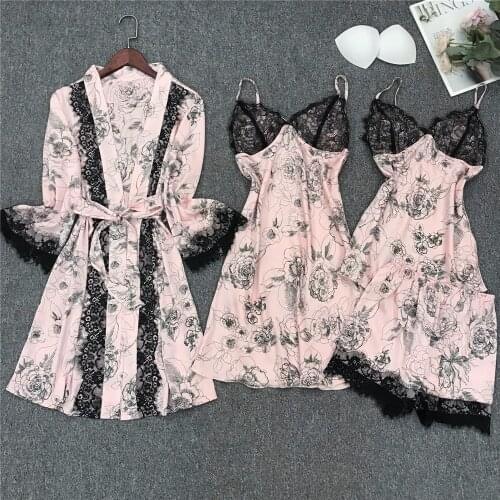 Sexy Lce Silk Woman Pajamas Sets Sleepwear Spring Lady Home Wear 4 Four Piece Nightgown Sleep Suit Sleepshirts Pyjamas M-XL