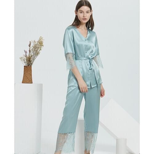 22 Momme 100% Silk Pajamas Lace Sexy Mulberry Silk Nightwear V-Neck Sleepwear Solid Color Half Loungewear Women with Belt