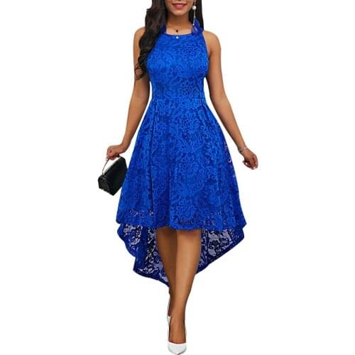 Casual Dress Women Summer Vintage Solid Color Lace High Low Sleeveless Long Dress Party Round Neck Slim Dresses Female Plus Size