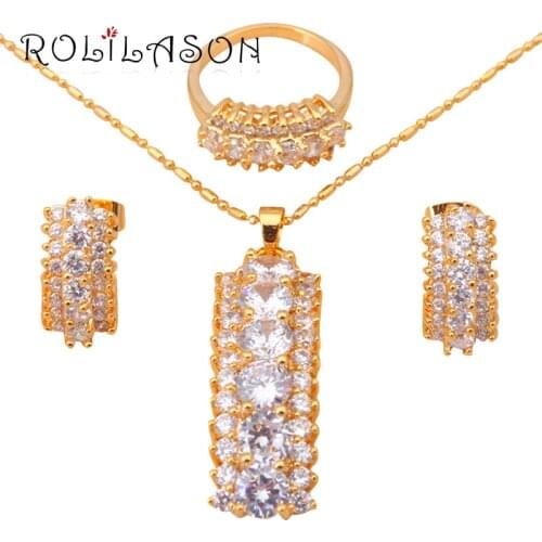 Cool Gold Tone Austrian Zircon Crystal Health Earring Necklace pendant set Ring size #7 #8 #8.5 Jewelry Set JS229