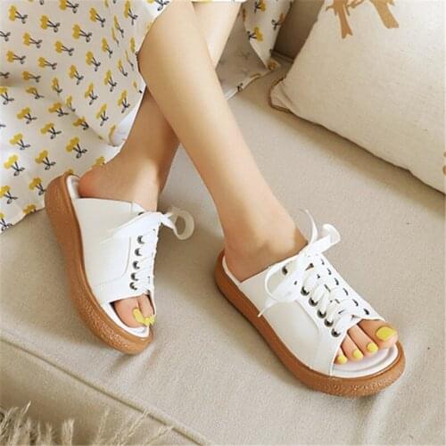 PXELENA Casual Comfort Women Flat Platform Slides Outdoor Lace Up Leisure Cozy 2021 Summer Modern Slippers Lady Shoes Plus Size