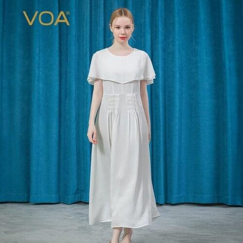 VOA Silk Jacquard Round Neck Short Sleeve Bump Splicing Three-dimensional Fold White Lady Big Pendulum Women Dress Summer AE861