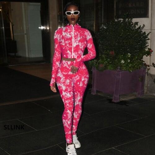 2021 European and American womens trade printed stand-up collar zipper stretch leggings suit fashion