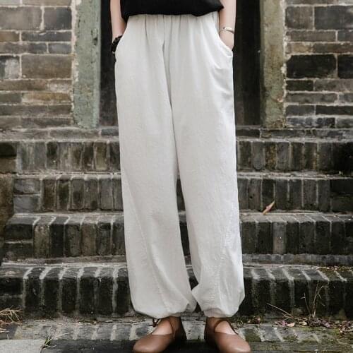 Johnature Vintage Cotton Linen Women Pants 2021 Summer New Pocket Loose Casual Long Pants Solid Color Elastic Waist Trousers