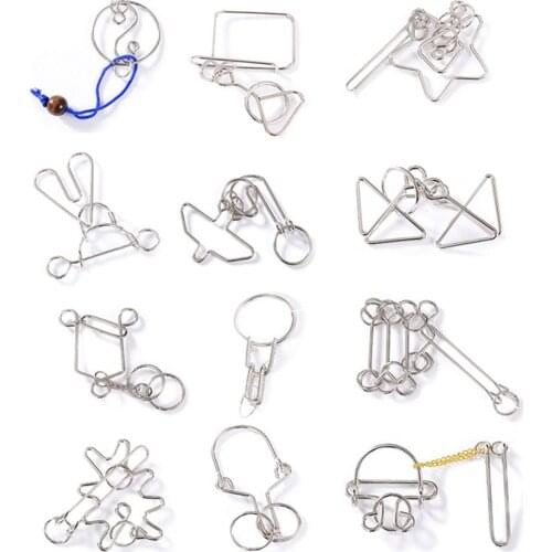 12Pcs/set Metal Brain Teasers Puzzle Learning Educational Stem Toy for Kids and Adults - Yellow/Blue Box