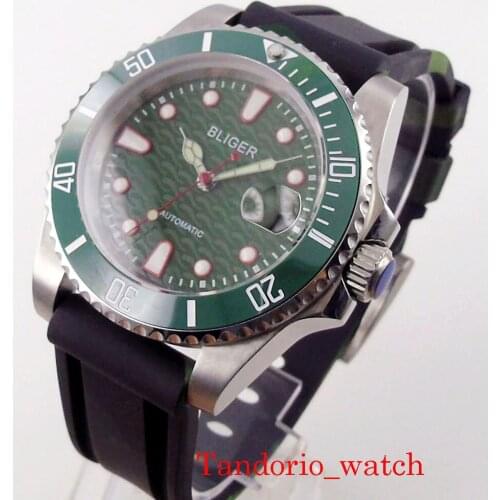 40mm Bliger Automatic Mens Green Dial MIYOTA 8215 Watch Luminous Marks Rubber Strap Ceramic Insert Rotating Bezel