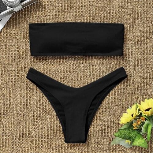 Push Up Bikinis 2021 Swimsuits Black Swimwear Women Bandeau Bathing Suit Women Solid Ribbed Biquini Bikini Set Bathers #yj