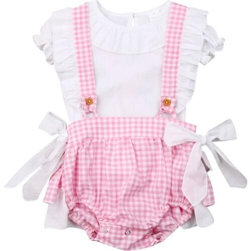 Citgeett Summer 2pcs New Infant Baby Girl Princess Sleeve White Top+Bow Ruffle Stripe Sling Plaid Pink Set Pants