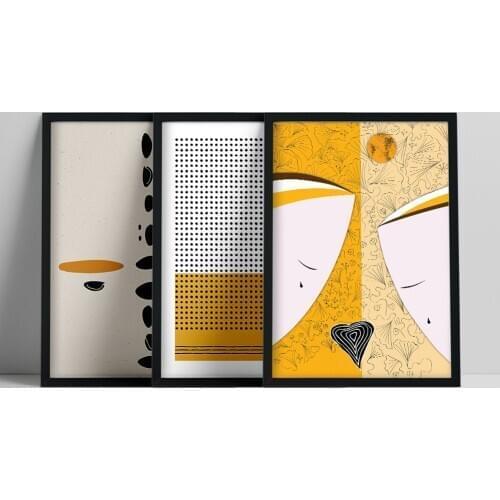Geometric Modern collage in Black and Mustard Yellow, Black Dots Print, Abstract portrait of a Couple, Mid Century Wall Art, Set