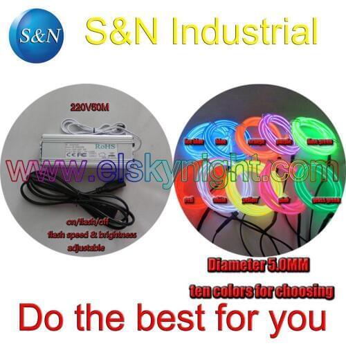 Ten color 5.0MM100M Flexible el Wire Tube Neon Light &100-240VAC inverter for holiday,party,festival and house decoration