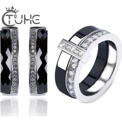 Vintage Black Jewelry Set Fashion Women Jewelry Set Antique Silver Color Crystal Round Stone Ceramic Earrings Rings Sets Gift