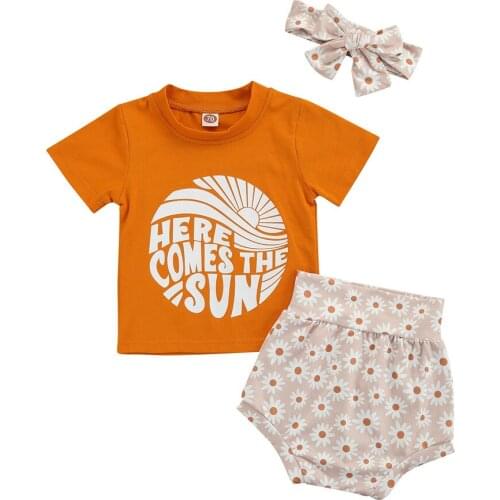 Infant Newborn Baby Girls 3Pcs Clothes Set Letter Print T Shirt Daisy Print High Waist Shorts Headband 3Pcs Outfits