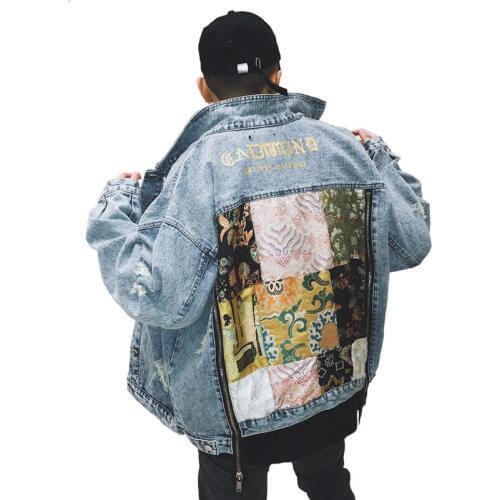 2019 New Retro Zipper Loose Denim Jacket Tide Brand Men Women Coats Vintage Frayed Hole Floral Patch Designs Leisure Outerwear