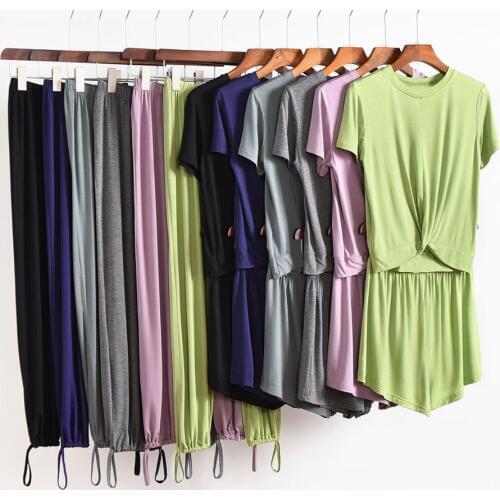 Summer Casual Female Pajamas Thin Section Modal Short-Sleeved T-Shirt Ankle-Length Straight Pants Wide-Leg Shorts 3Pcs Suit