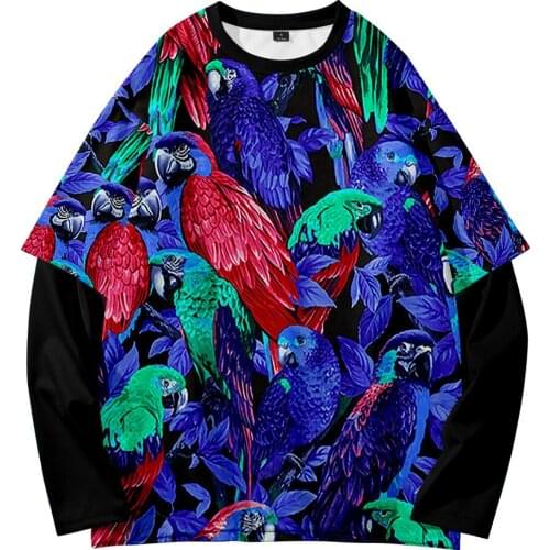 Animal Parrot Street Shooting Fashion Trend Youth Summer 3D Digital Round Neck Fake Two Sweatshirts