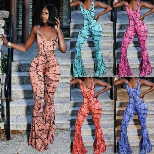 2020 New Fashion Sexy Women Lady Sleeveless Bodysuit Backless Stripe Floral Printed Clubwear Wide Leg Pant