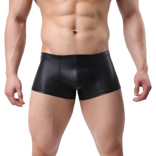 New Mens Sexy Fun Boxer Shorts 2020 Male Patent Leather With Ring Underwear Slim Fit Boxers
