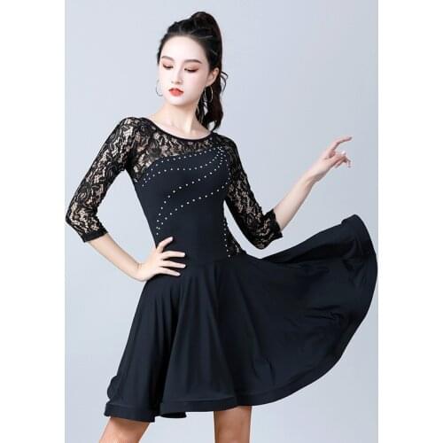 Latin Dance Dress Female Adult New Dress Summer Long Sleeve Lace Patchwork Dance Dress Performance Practice Dress Women