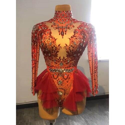 Sexy Mesh Ruffle Rhinestone Bodysuit Women Nightclub Party Print Crystal Jumpsuit Stretch Dancer Leotard Show Stage Costumes