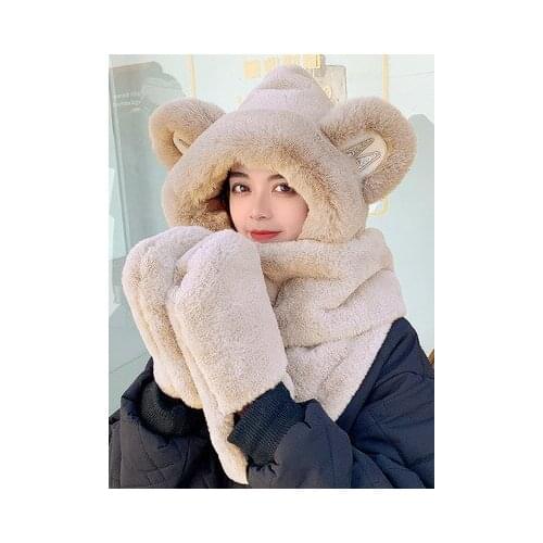 Hot selling winter hat 3 in 1 women keep warm ear protection bomber scarf hat cute bear model for young girl street wear