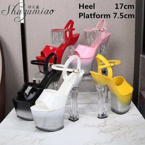 Rhinestone Fringe Clear Crystal Women Sexy Party Club Nightclub Stripper Show 18 CM High Heels Model Sandals Pole Dance Shoes