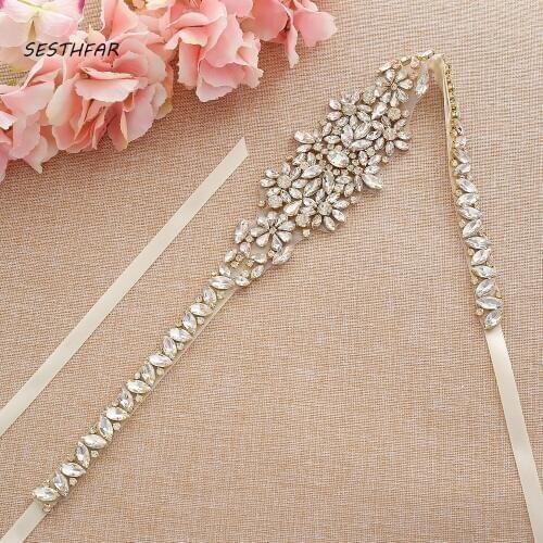 SESTHFAR Wedding Belts Sliver Rhinestones Bridal Belt Crystal Satin Ribbons Sashes Wedding Accessories for Women