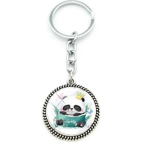 TAFREE Fashion Trend Panda Pendant Round Jewelry Glass Gem Cabochon Keychain Metal Keychain Personalized Gift
