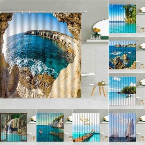Ocean Natural Scenery Shower Curtains Sea Beach Green Plant Trestle Waves Sailboat Bathroom Decor Hooks Curtain Waterproof Cloth