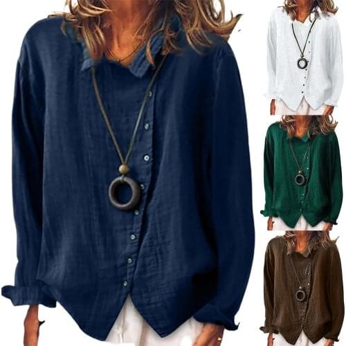 Women Solid Color Long Sleeve Irregular Single-breasted Cotton Linen Shirt Blouse