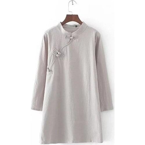 Chinese Style Retro Women Hanfu Shirts Blouse Cotton Linen Plus Size Loose Casual Dress Vintage Button Long Sleeve Top Tang Suit