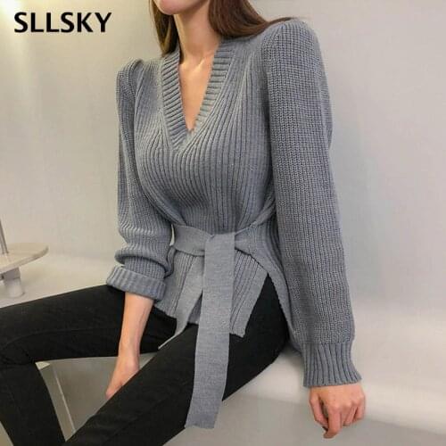 SLLSKY 2020 New Sexy V-neck Side Split Women Sweaters Vintage Lace Up Knitted Pullovers Femme Autumn Ladies Pullover Jumper