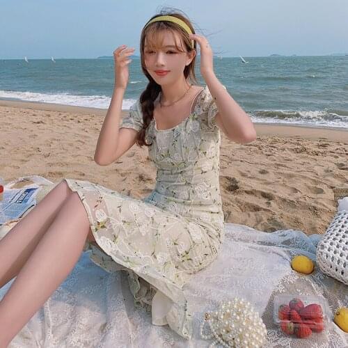 Summer temperament Vestidos square collar sweet midi dress floral summer French Dress Female high waist vestidos de festa