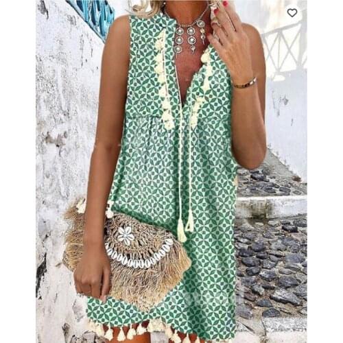 2021 Geometric Print Sleeveless Women Dress V Neck Loose Waist Knee Length Placket Lace Up Women Dress Vintage Tassel Lady Dress