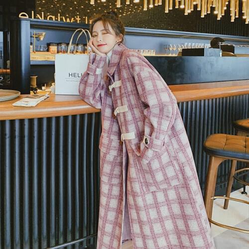 New Women Autumn Winter Plaid Wool Coats 2021 Long Sleeve Vintage Pockets Jacket Female Casual Loose Outerwear Overcoat e167
